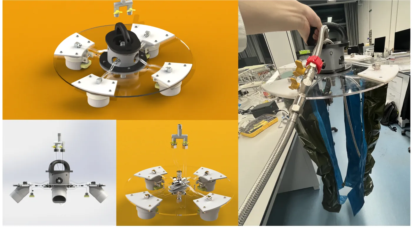 CAD assembly and physical prototype of a four-finger fabric hydraulic gripper
